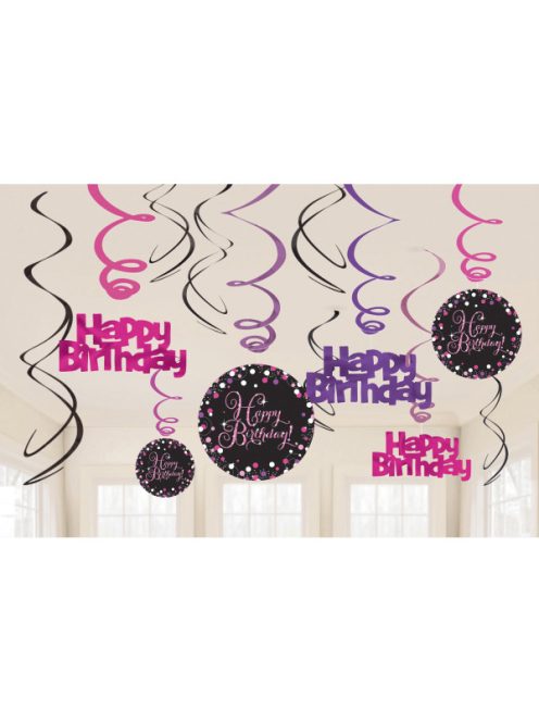 Happy Birthday elegáns pink-fekete spirál dekoráció