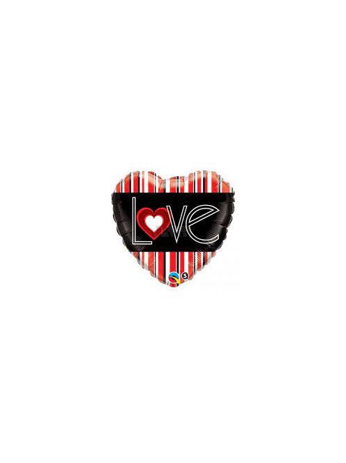 Love piros fekete csíkos szív fólia lufi 46 cm