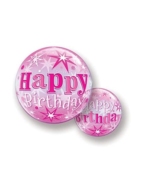 Happy Birthday rózsaszín csillagos Bubbles lufi 56 cm