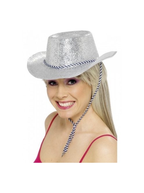 Ezüst csillámporos cowboy kalap