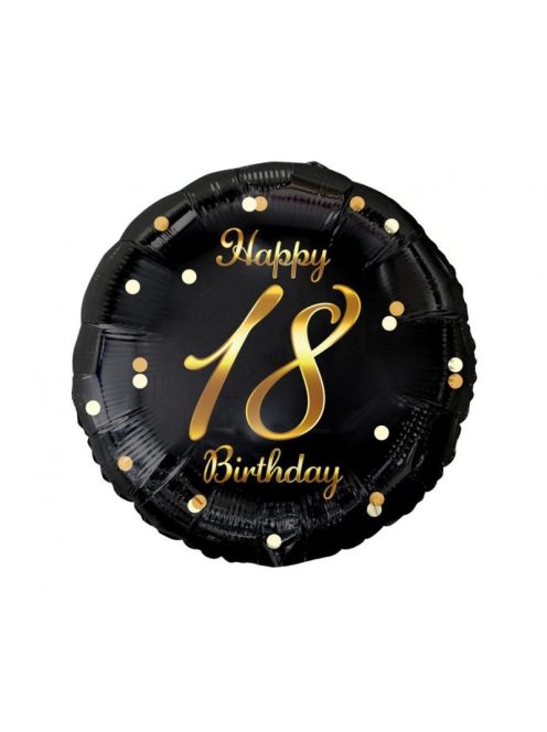 Happy 18th Birthday arany pöttyös fekete fólia lufi 45 cm