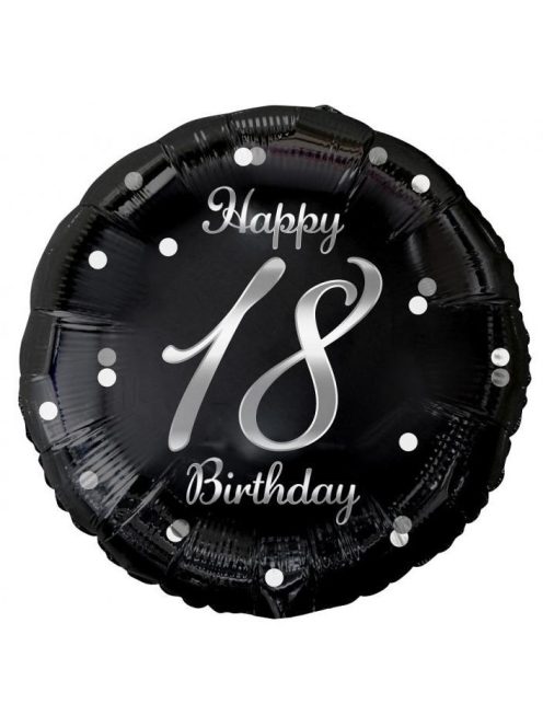 Happy 18th Birthday ezüst pöttyös fekete fólia lufi 45 cm