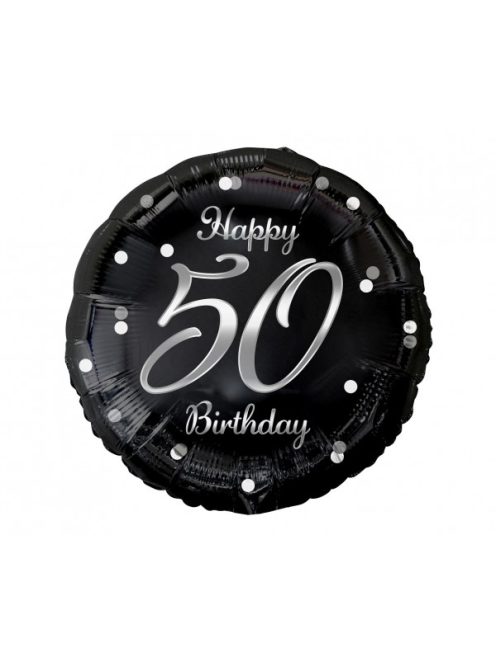 Happy 50 Birthday fekete-ezüst fólia lufi 45 cm