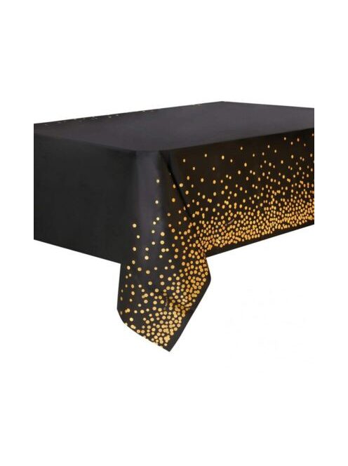 Arany pöttyös fekete műanyag asztalterítő 137 x 274 cm