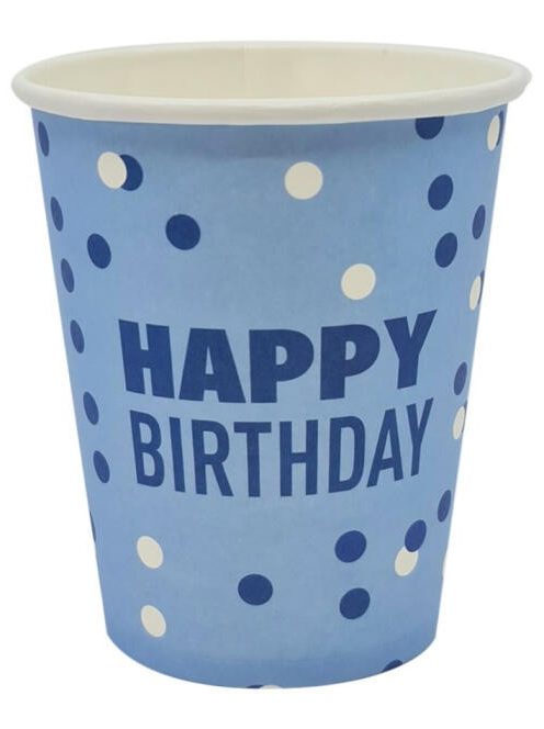 Happy Birthday kék pöttyös papírpohár 