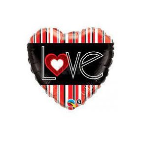Love piros fekete csíkos szív fólia lufi 46 cm