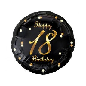 Happy 18th Birthday arany pöttyös fekete fólia lufi 45 cm