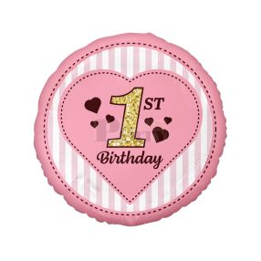 1st Birthday fólia lufi 36 cm rózsaszín