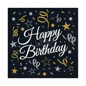 Happy Birthday szalvéta fekete szerpentínes 33*33 cm 20 db