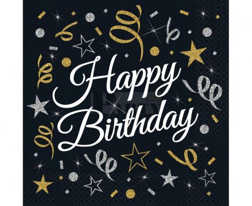 Happy Birthday szalvéta fekete szerpentínes 33*33 cm 20 db