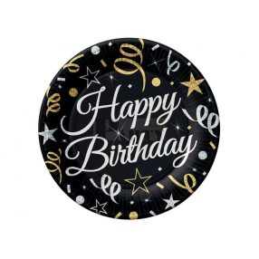   Happy Birthday Papírtányér fekete szerpentínes 18 cm 6 db
