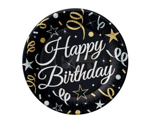 Happy Birthday Papírtányér fekete szerpentínes 18 cm 6 db