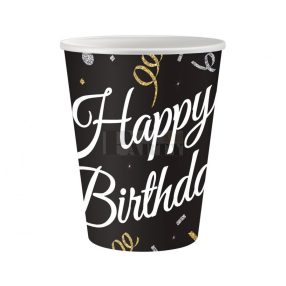 Happy Birthday papírpohár fekete szerpentines 6 db 250 ml