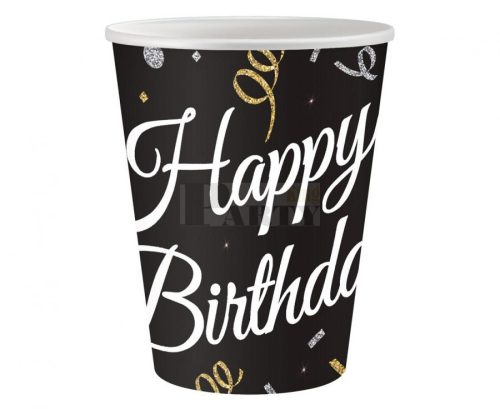 Happy Birthday papírpohár fekete szerpentines 6 db 250 ml