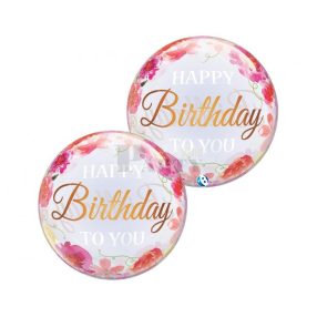 Happy Birthday peonies bazsarózsás bubble lufi 56 cm
