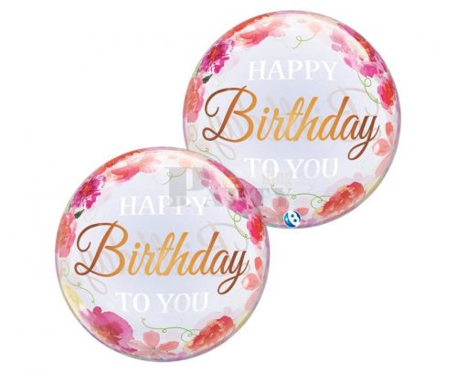Happy Birthday peonies bazsarózsás bubble lufi 56 cm