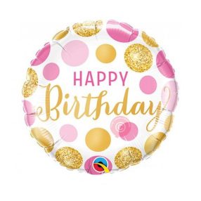 Happy Birthday arany-pink pöttyös fólia lufi 45 cm