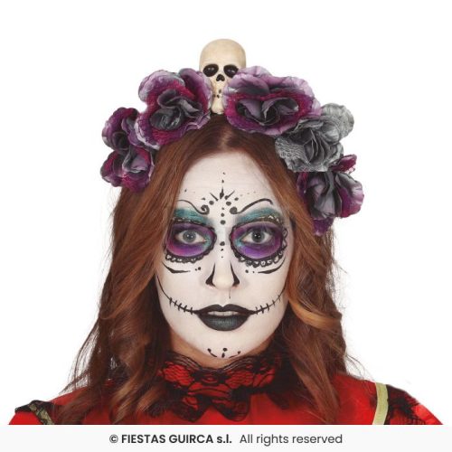 Fejpánt Holtrak napja rózsákkal koponyával