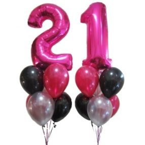   1 db 100 cm-es szám lufi, 6 db 30 cm-es héliumos lufival, csokorban, nehezéken 